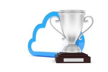 Isoalted silver cup with cloud on white background. Blue contour cloud. Concept of cloud storage competition. Leader cloud drive. Best storage contest. 3D rendering.