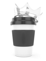 Coffee cup with silver crown on white background. Concept of luxury royal coffee. 3D rendering.