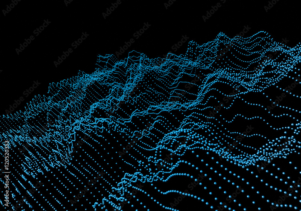 Poster abstract 3d rendering of waves with particles on black background. futuristic background with lines 