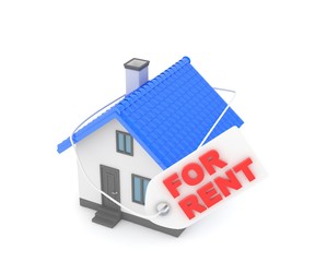 Miniature model of house real estate for rent label on white background. 3D rendering.