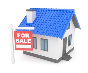 Miniature model of house real estate for sale on white background. 3D rendering.