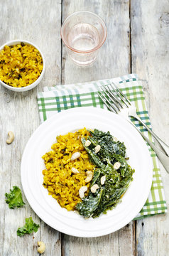 Turmeric rice with coconut Kale and cashew