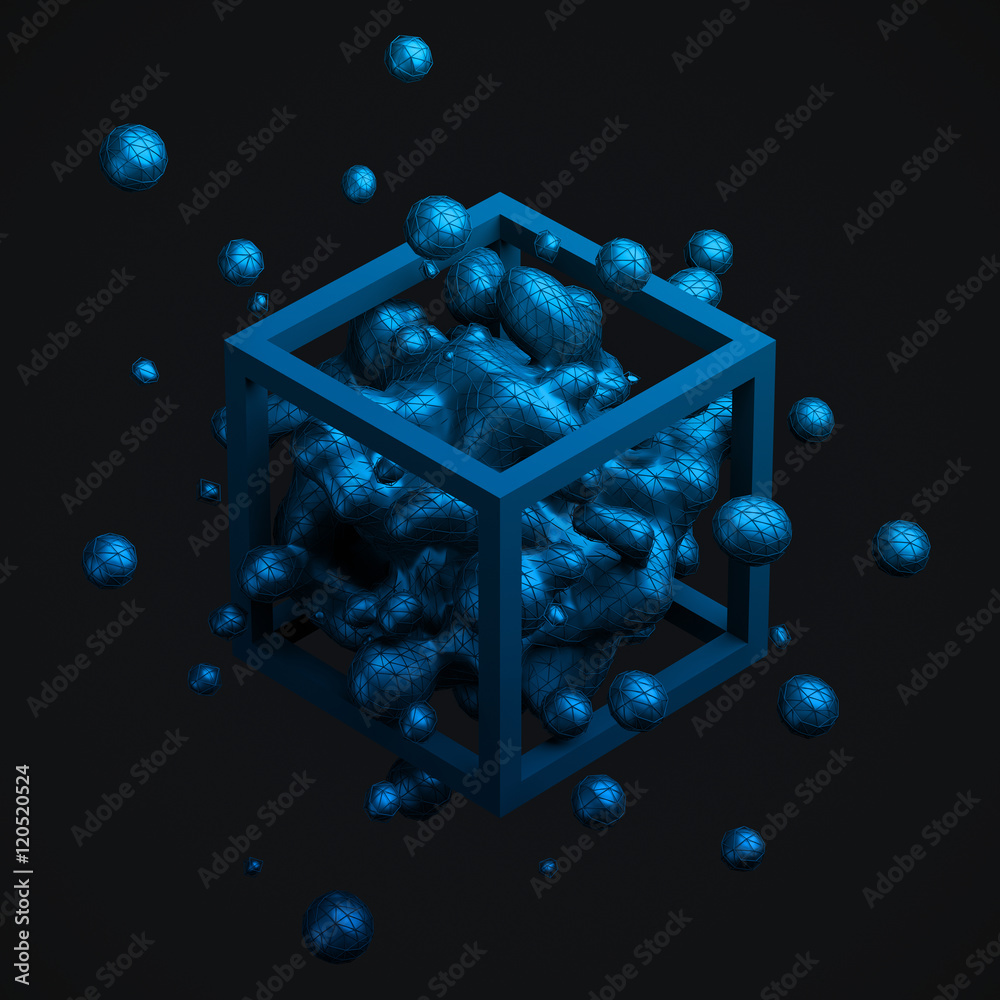 Poster abstract 3d rendering of chaotic liquid in cube. background with dynamic fluid splash. design elemen