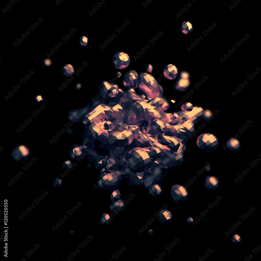 Poster abstract 3d rendering of chaotic low poly liquid. background with dynamic polygonal fluid splash. de