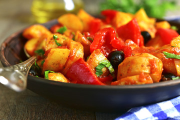 Mediterranean potato ragout with bell pepper and olives.