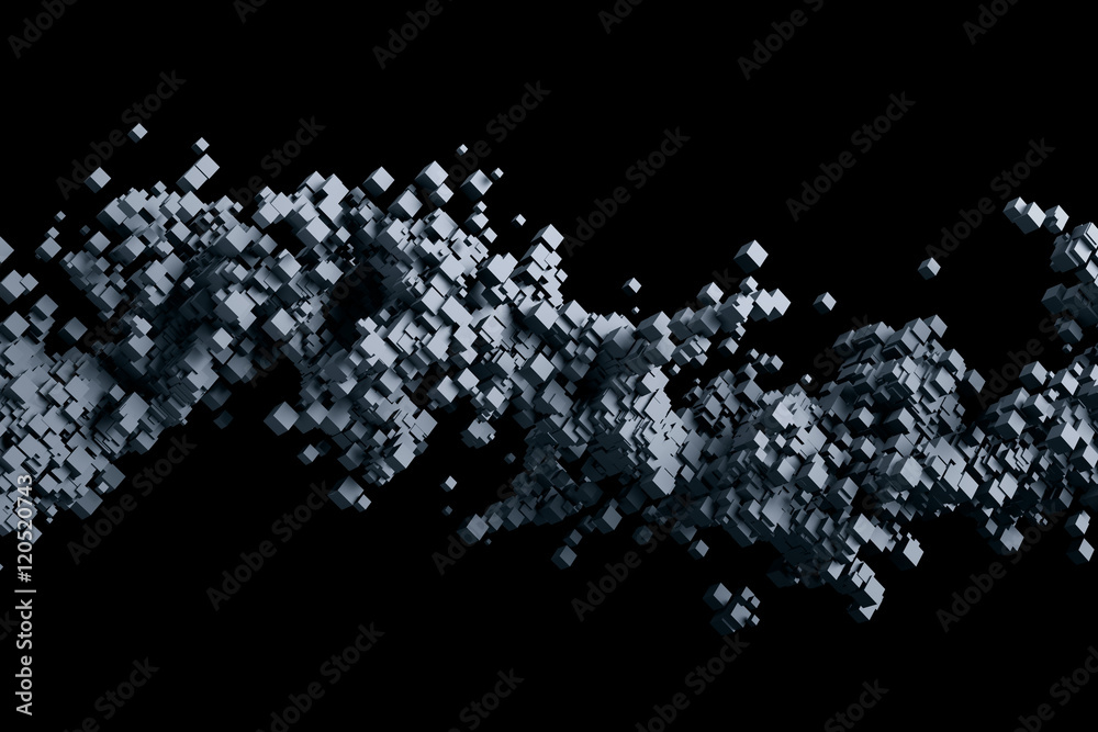 Poster abstract 3d rendering of chaotic particles. flying cubes in empty space. futuristic background.