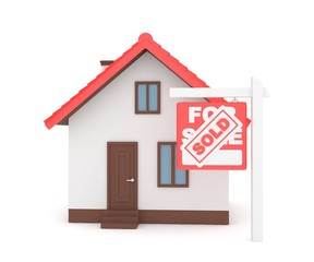 Isolated model of house with sign for sale sold. Concept of real estate, new apartment and moving to a new house. 3D rendering.