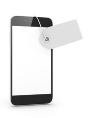 Smart phone with price tag on white background. Identification, price, label. 3D rendering.