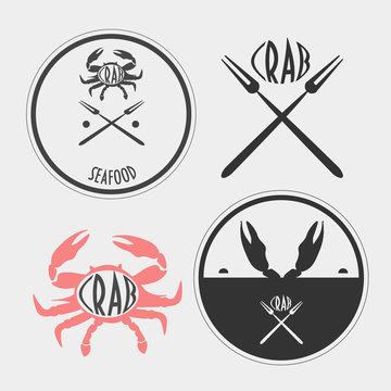 Set of Four Retro styled crab labels would be great for you as seafood shop design elements, pub menu icons, restaurant stamps,crab festival signs or seafood brand logo templates etc.