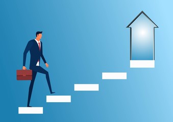 Businessman walking on stair step to door arrow sign and success. Staircase to success. Cartoon Vector Illustration.