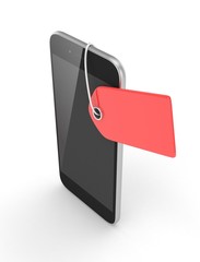Smart phone with red price tag on white background. Identification, price, label. 3D rendering.