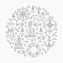 Obraz premium Vector illustration with outlined seafaring and nautical signs