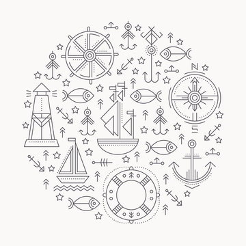 Vector illustration with outlined seafaring and nautical signs
