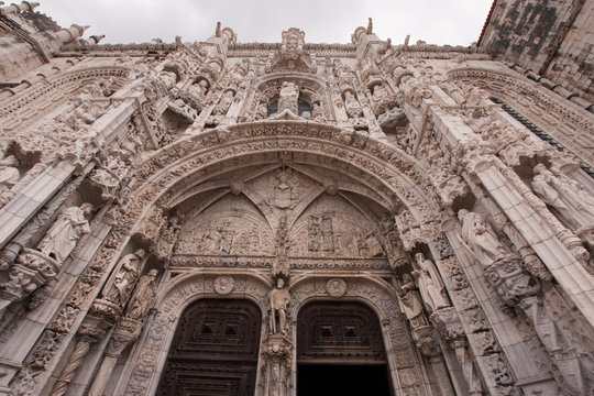 Entrance Detail, Main facade of Jeronimos Monastery, Lisbon, Portugal.