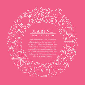 Vector illustration with outlined nautical signs and marine animals