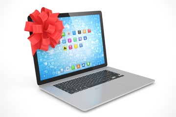 Laptop with red bow and icons. 3D rendering.