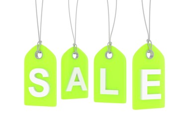 Green isolated sale labels on white background. Price tags. Special offer and promotion. Store discount. Shopping time. 3D rendering.