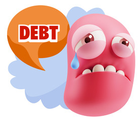 3d Illustration Sad Character Emoji Expression saying Debt with