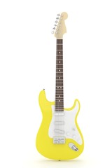 Naklejka premium Isolated yellow electric guitar on white background. Musical instrument for rock, blues, metal songs. 3D rendering.