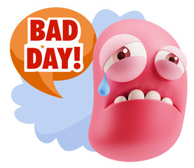 3d Illustration Sad Character Emoji Expression saying Bad Day wi