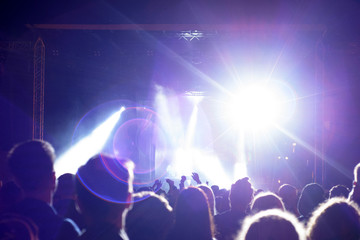 cheering crowd in concert near stage, Light Lens Flare, Light leak