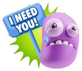 3d Illustration Sad Character Emoji Expression saying I Need you