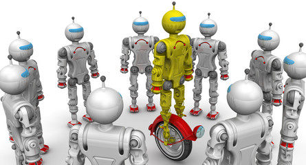 Robots are considering a new modification. Cyborgs are considering the yellow robot on unicycle standing on a white surface © waldemarus