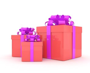 three gift boxes with bows isolated on white. 3d rendering.