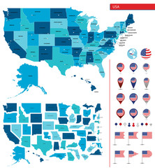 Detailed map of the United States of America. Big sities. Icons, location indicators