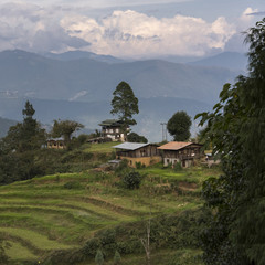 A view of a small village in the mountains.