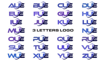 3 letters modern generic swoosh logo AUE, BUE, CUE, DUE, EUE, FUE, GUE, HUE, IUE, JUE, KUE, LUE, MUE, NUE, OUE, PUE, QUE, RUE, SUE, TUE, UUE, VUE, WUE, XUE, YUE, ZUE