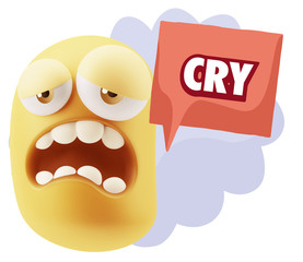 3d Illustration Sad Character Emoji Expression saying Cry with C