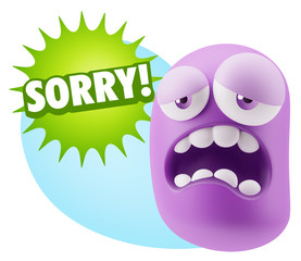 3d Rendering Sad Character Emoticon Expression saying Sorry with