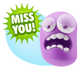 3d Rendering Sad Character Emoticon Expression saying Miss You w