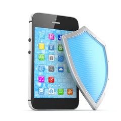 Smartphone and shield on white, security concept. 3d rendering.