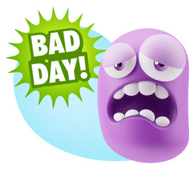 3d Rendering Sad Character Emoticon Expression saying Bad Day wi
