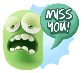 3d Rendering Sad Character Emoticon Expression saying Miss You w