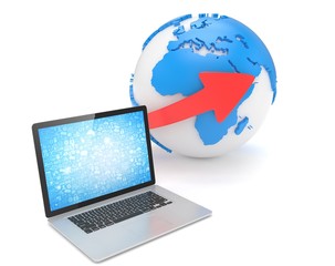 Laptop network and earth globe. 3d render