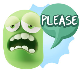 3d Rendering Sad Character Emoticon Expression saying Please wit