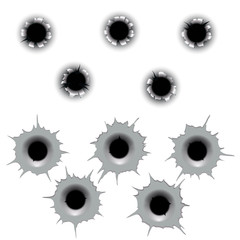 Metal bullet hole set vector. Input holes and output