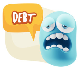 3d Rendering Sad Character Emoticon Expression saying Debt with