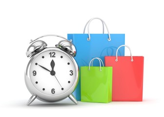 alarm clock and shopping bag (time to buy concept). 3d rendering.