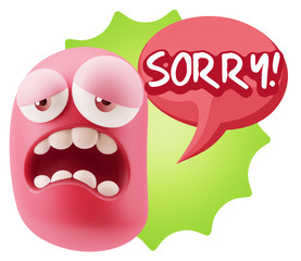 3d Rendering Sad Character Emoticon Expression saying Sorry with