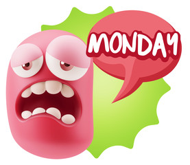 3d Rendering Sad Character Emoticon Expression saying Monday wit