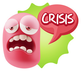 3d Rendering Sad Character Emoticon Expression saying Crisis wit