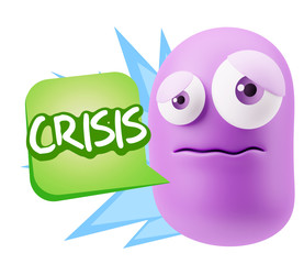 3d Rendering Sad Character Emoticon Expression saying Crisis wit