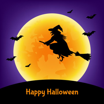 Halloween  card with witch,  bats  and moon.