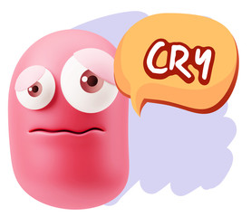 3d Rendering Sad Character Emoticon Expression saying Cry with C
