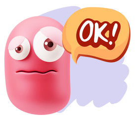 3d Rendering Sad Character Emoticon Expression saying OK with Co