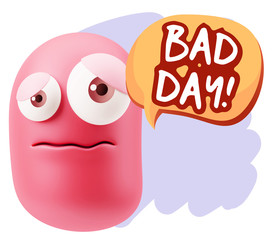 3d Rendering Sad Character Emoticon Expression saying Bad Day wi